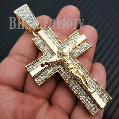 Men'S Iced Gold/Silver Hip Hop Large Holy Jesus Cross Bling Lab Diamond Charm Pe