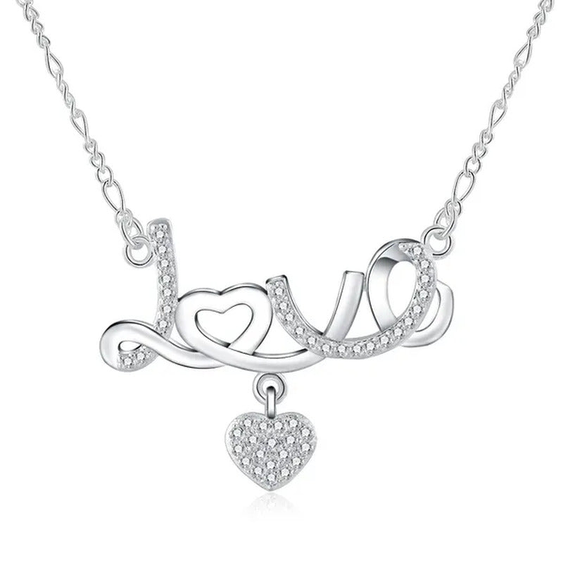 Pretty Women'S 925 Sterling Silver Heart Beautiful LOVE Pendant Diamonds Necklac