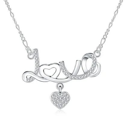 Pretty Women'S 925 Sterling Silver Heart Beautiful LOVE Pendant Diamonds Necklac