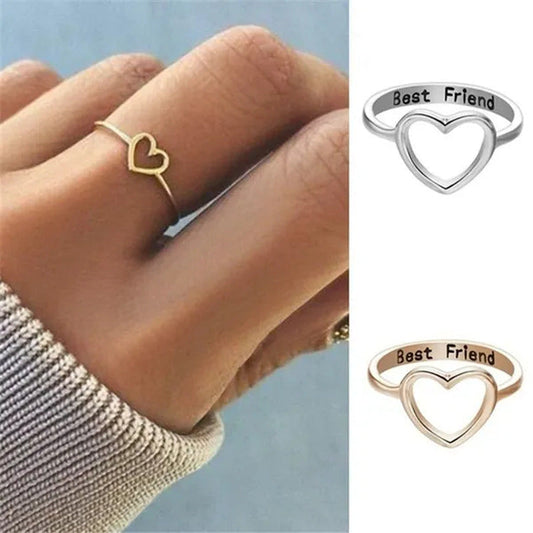 18K Gold Heart Shaped Hollow-Out Ring Silver/Rose Gold Letter Rings for Best Fri