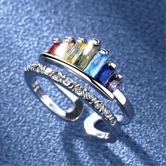 New Micro-Inlaid Zircon Rainbow Crown Ring Female Fashion Opening Adjustable Ind