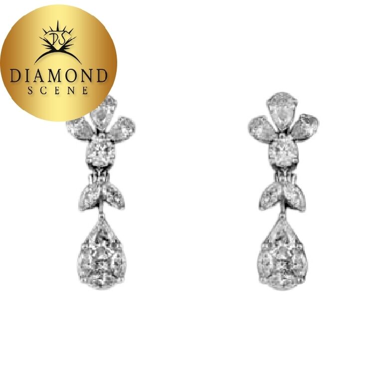 DIAMOND DANGLE DROP EARRING 3.25 CT PEAR MARQUISE ROUND 18 K WHITE GOLD DROP