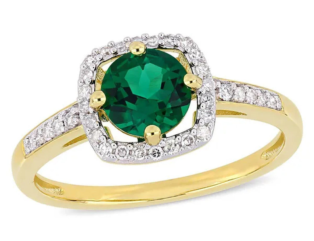 4/5 Carat (Ctw) Lab Created Green Emerald Ring in 10K Yellow Gold with Diamonds