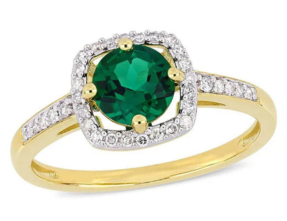 4/5 Carat (Ctw) Lab Created Green Emerald Ring in 10K Yellow Gold with Diamonds