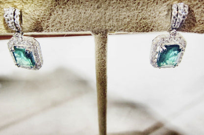 EMERALD RECTANGULAR SHAPE SET ROUND DIAMOND DANGLE EARRING