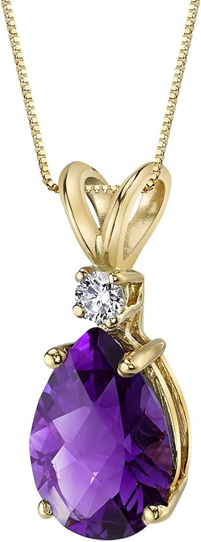 Amethyst with Diamond Pendant for Women 14K Yellow Gold, Genuine Gemstone Elegan