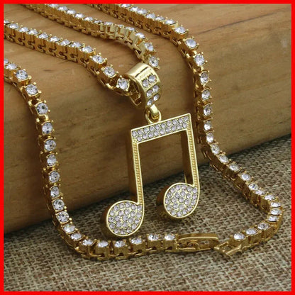 Unisex 14K Gold PT Music Note Iced Icon Pendant 4Mm 24" Hip Hop Tennis Chain Nec