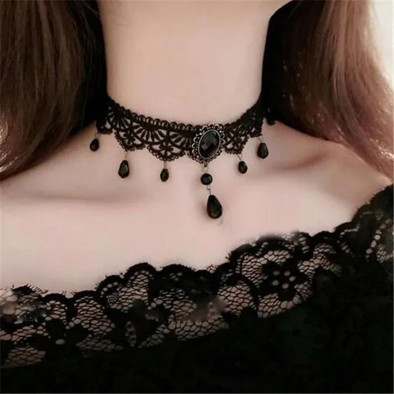 Ladies Vintage Gothic Choker Crystal Pendant Design Black Lace Necklace Clavicle