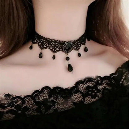 Ladies Vintage Gothic Choker Crystal Pendant Design Black Lace Necklace Clavicle