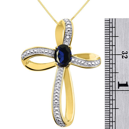 Diamond & Sapphire Cross Pendant Necklace Set in Yellow Gold Plated Silver .925