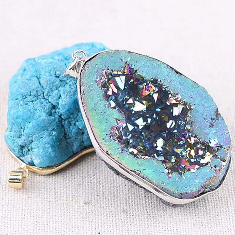 1 X Colorful Natural Agate Crystal Geode Necklace Making Pendant Jewelry