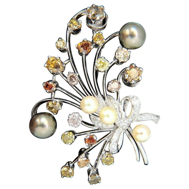 6.00Ct NATURAL FANCY COLOR YELLOW ORANGE BROWN PINK DIAMOND BROOCH &PEARL