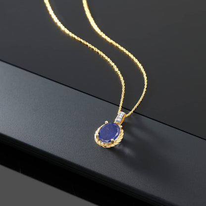 2.04 Ct Oval Blue Lapis White Diamond 10K Yellow Gold Pendant with Chain