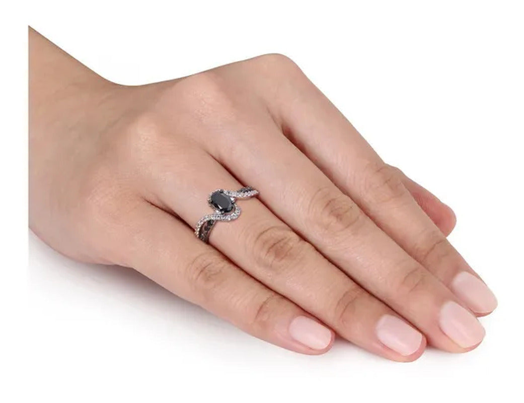 1.00 Carat (Ctw) Black Diamond Twist Ring in Sterling Silver with White Sapphire