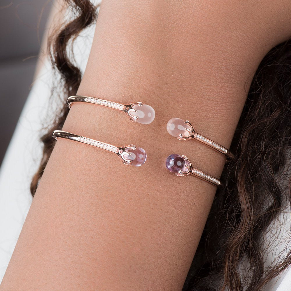 14K Rose Gold round Natural Diamond Gemstone Amethyst Bangle Cuff Bracelet for W