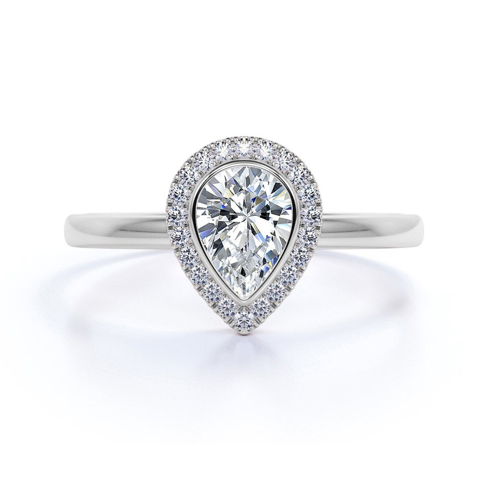 Bezel Set Halo Pear Shaped Diamond Solitaire Wedding Ring in 10K White Gold