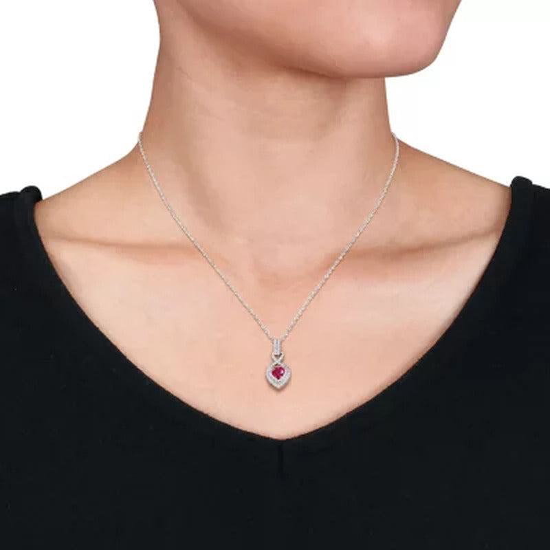 Ruby and 0.28 CT. Diamond Double Halo Infinity Heart Pendant in 14K White Gold
