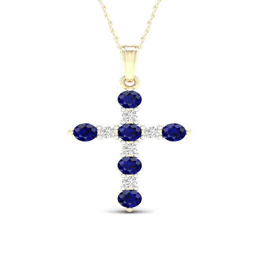 Imperial Gemstone 10K Yellow Gold round Blue Sapphire 1/10 CT TW Diamond Cross N