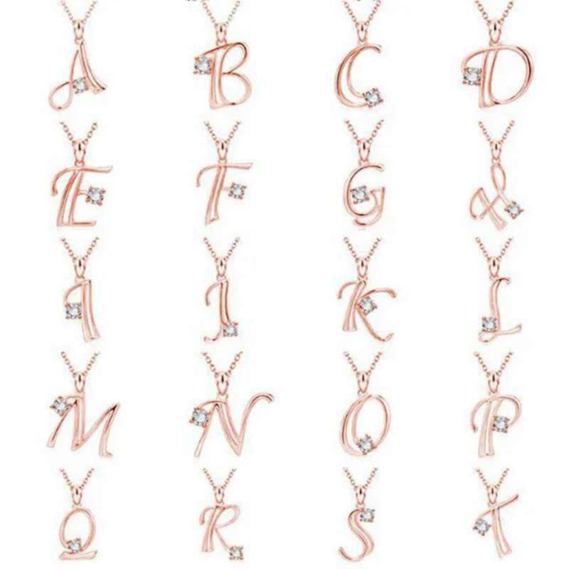 Rose Gold 26 Letters Necklace Alphabet Diamond Name Pendant Necklace Birthday Ch