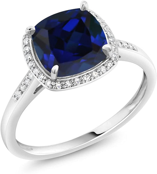 10K White Gold Blue Created Sapphire and Accent Diamond Women'S Engagement Ring