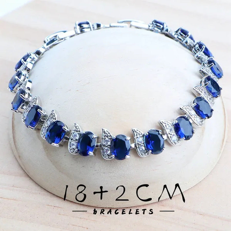 925 Silver Blue/Green/Purple/Rainbow Zirconia Bridal Jewelry Set for Women Brace