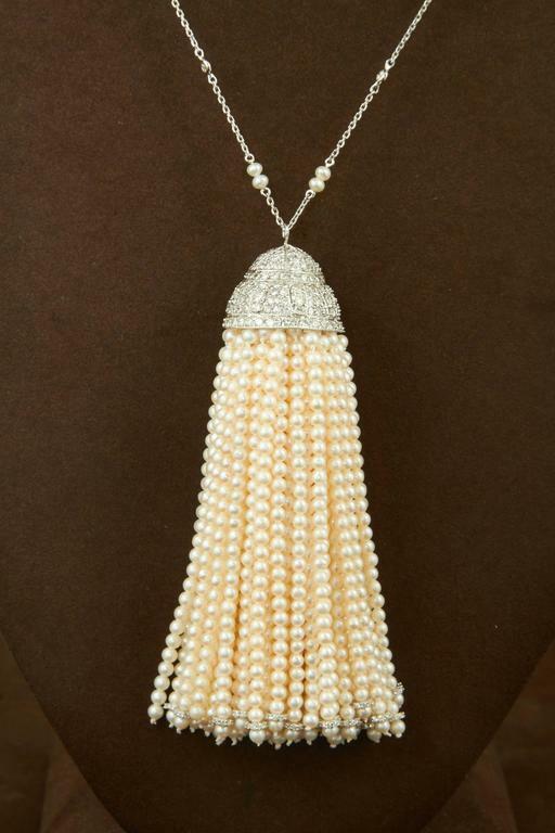 Pearl beads dangle diamond tassel hanging from a diamond by yard necklace 18 k
