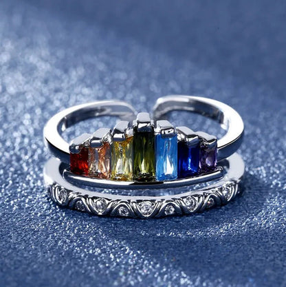 New Micro-Inlaid Zircon Rainbow Crown Ring Female Fashion Opening Adjustable Ind