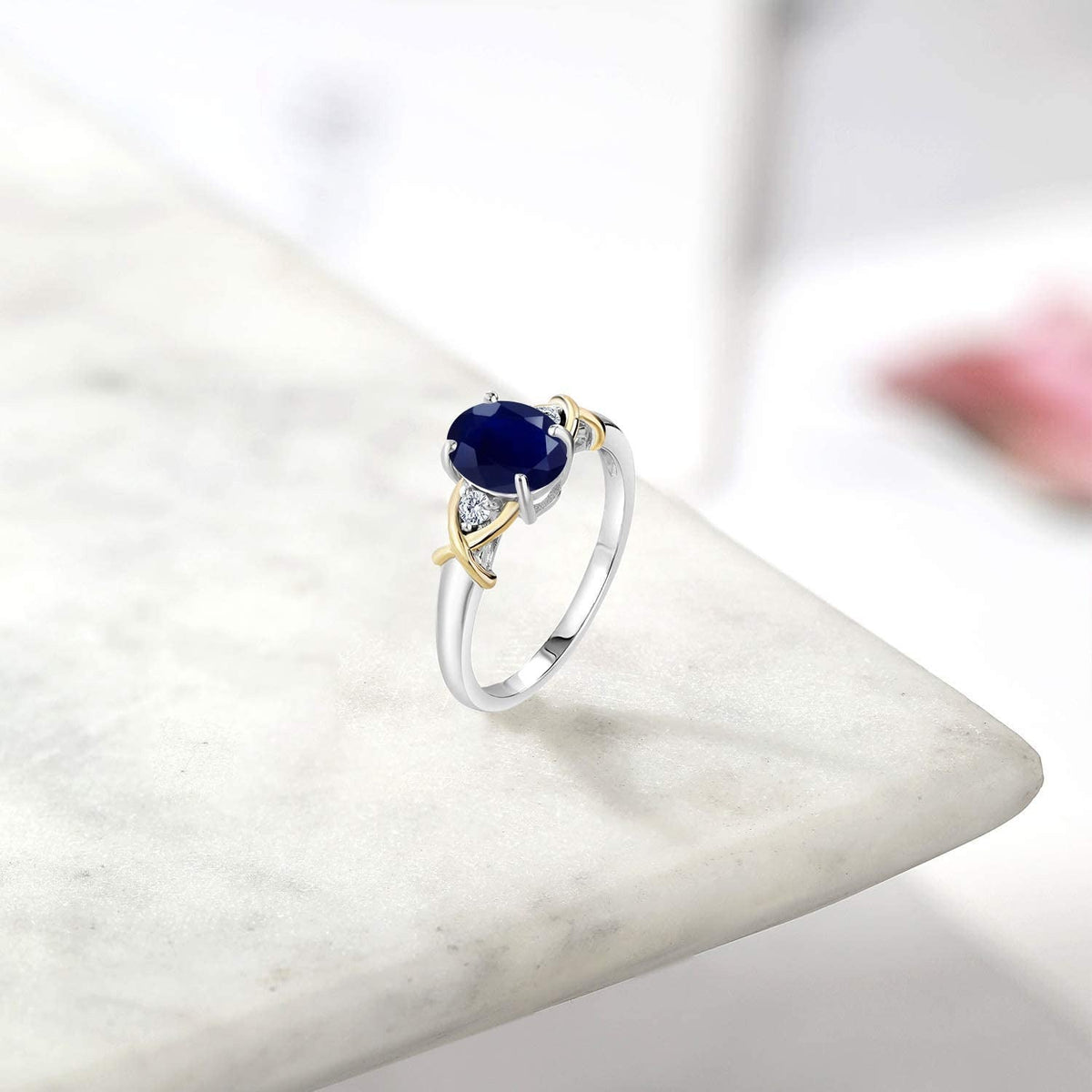 2 Tone 10K Yellow Gold and 925 Sterling Silver Blue Sapphire and White G-H Lab G