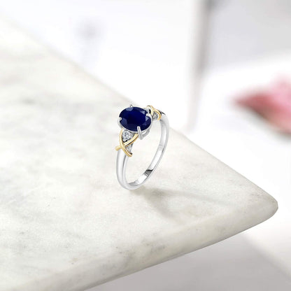 2 Tone 10K Yellow Gold and 925 Sterling Silver Blue Sapphire and White G-H Lab G