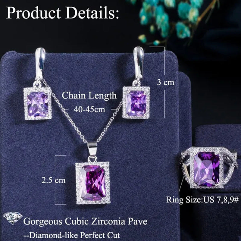 Gloriya Elegant Amethyst Purple CZ Square Pendant Chain Necklace Earrings and Ri