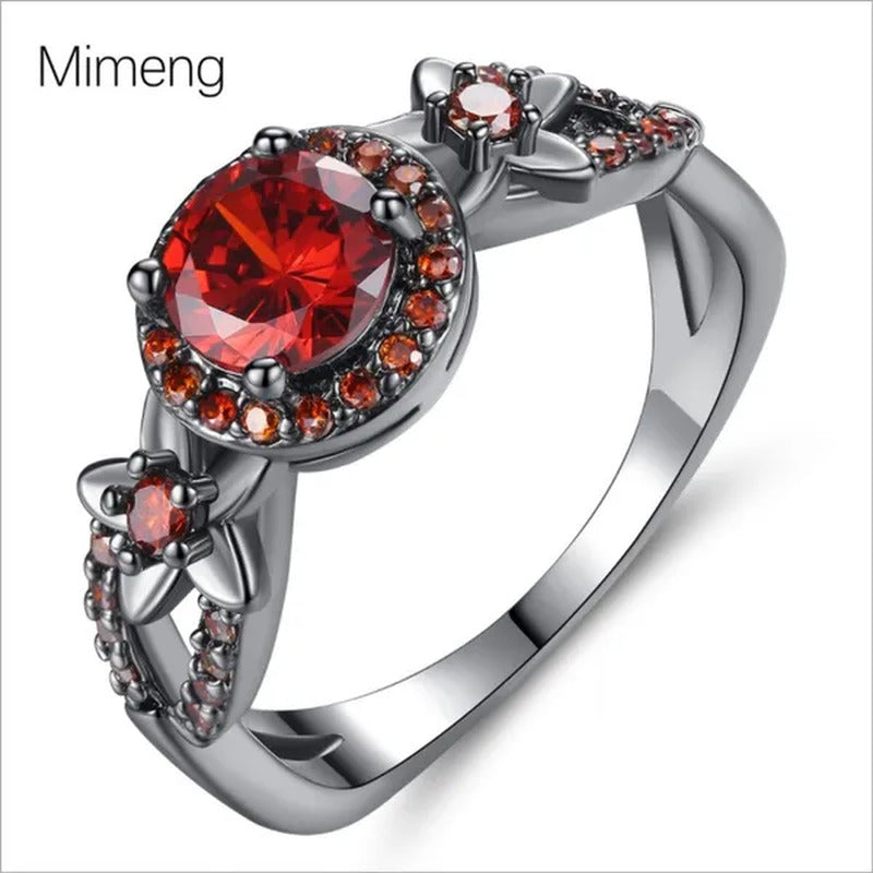 Exquisite Flower Shiny Red Garnet Ring Fashion Jewelry Vintage Black Gold Filled