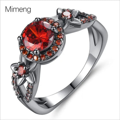 Exquisite Flower Shiny Red Garnet Ring Fashion Jewelry Vintage Black Gold Filled