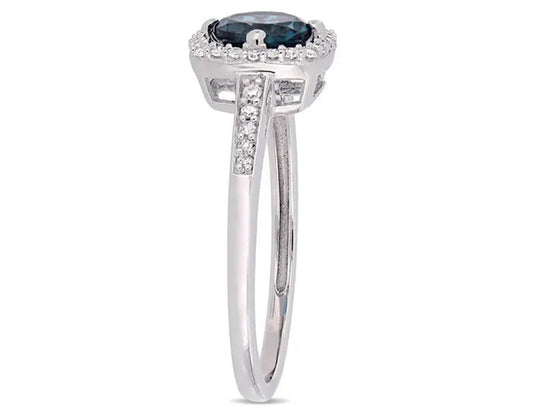 1.00 Carat (Ctw) Natural London Blue Topaz Ring in 10K White Gold with Diamonds