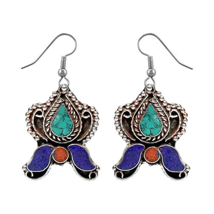 Drop Earring for Women Teens Compressed Turquoise Lapis Lazuli & Coral Inlay Bea