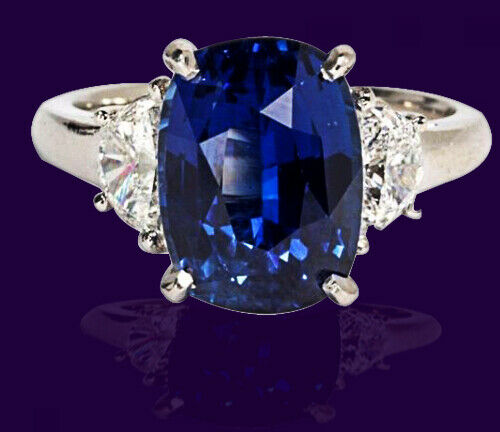Natural No Heat Sapphire cushion 6.16 ct and Diamond .66 ct half moon Ring