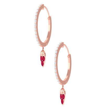 1/2 CT Ruby and Diamond Vintage Hoop Earrings for Women, 14K Solid Gold