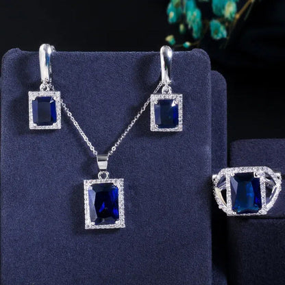 Gloriya Elegant Amethyst Purple CZ Square Pendant Chain Necklace Earrings and Ri