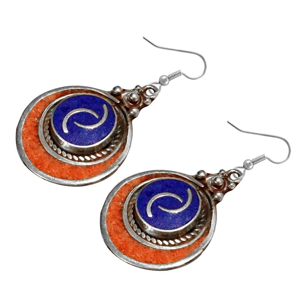 Silver Plated Handmade Dangle Earrings for Women, Coral Lapis Lazuli Gemstone Ea