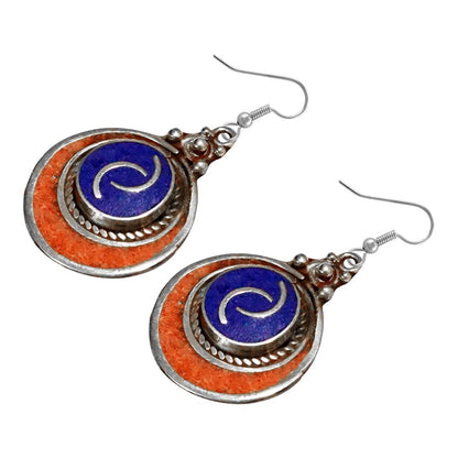 Silver Plated Handmade Dangle Earrings for Women, Coral Lapis Lazuli Gemstone Ea
