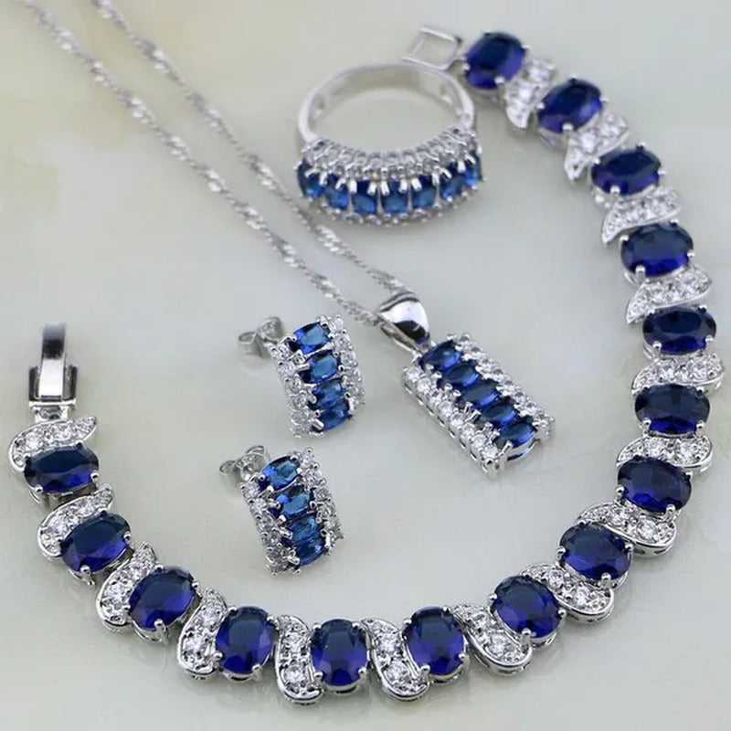 Blue Sapphire White Topaz 925 Silver Jewelry Sets for Women Earrings Pendant Nec