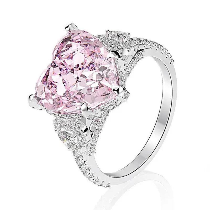 Luxury Silver Plated Simulated Pink Heart-Shaped Lab Diamond Engagement Ring wit