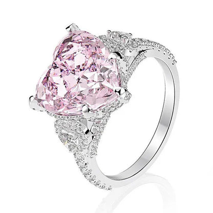 Luxury Silver Plated Simulated Pink Heart-Shaped Lab Diamond Engagement Ring wit