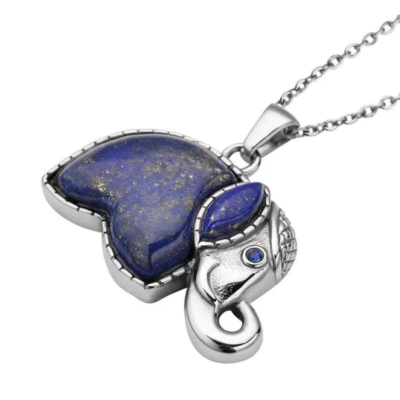 Lapis Lazuli Elephant Charm Pendant Chain Crystal Necklace in Stainless Steel Fa