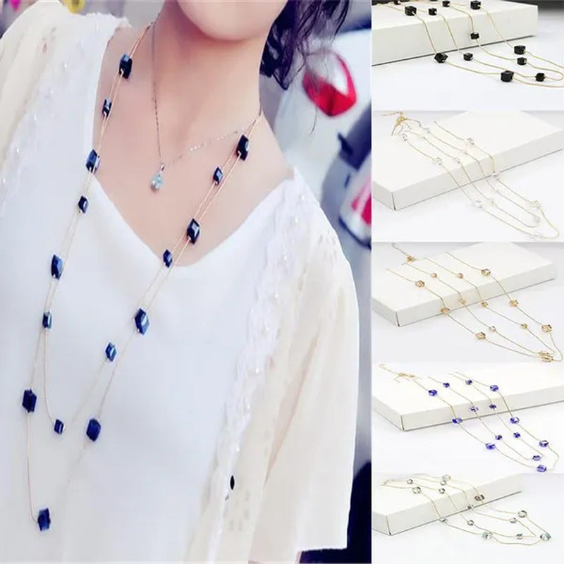 Women'S Square Long Chain Sweater Necklace Fashion Jewelry Double Long Tassel Ne