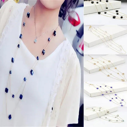 Women'S Square Long Chain Sweater Necklace Fashion Jewelry Double Long Tassel Ne