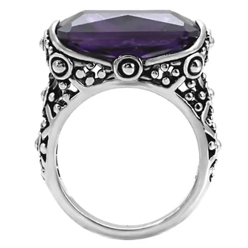 28 Ct Emerald Cut Amethyst CZ Antique Celtic Style Stainless Steel Ring Size 5-1