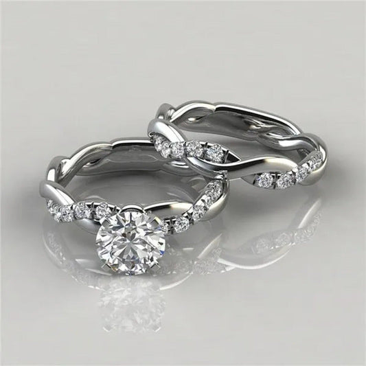 Women'S Delicate Stainless Steel Twist round Cut White Sapphire Ring Set Bridal