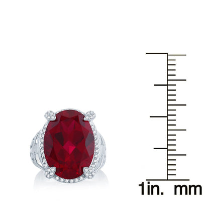 Sterling Silver with Large Oval Ruby and Natural White Topaz Halo Cocktail Ring