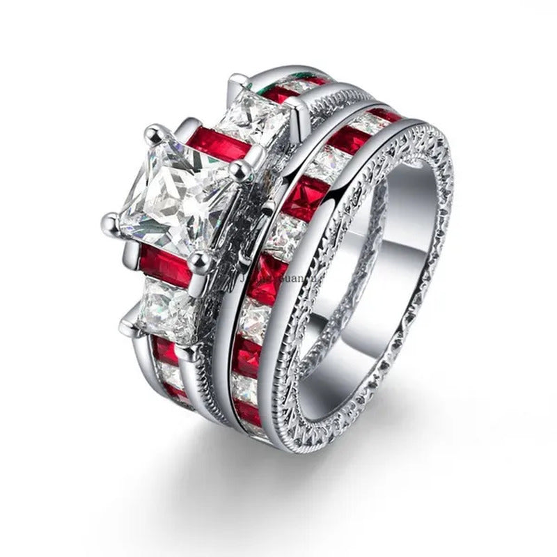 Two Rings Couple Ring His Hers Three-Stone Ring White Gold Plated Ruby CZ Womens