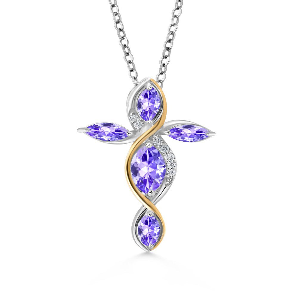 925 Sterling Silver and 10K Yellow Gold Marquise Blue Tanzanite Lab Grown Diamon